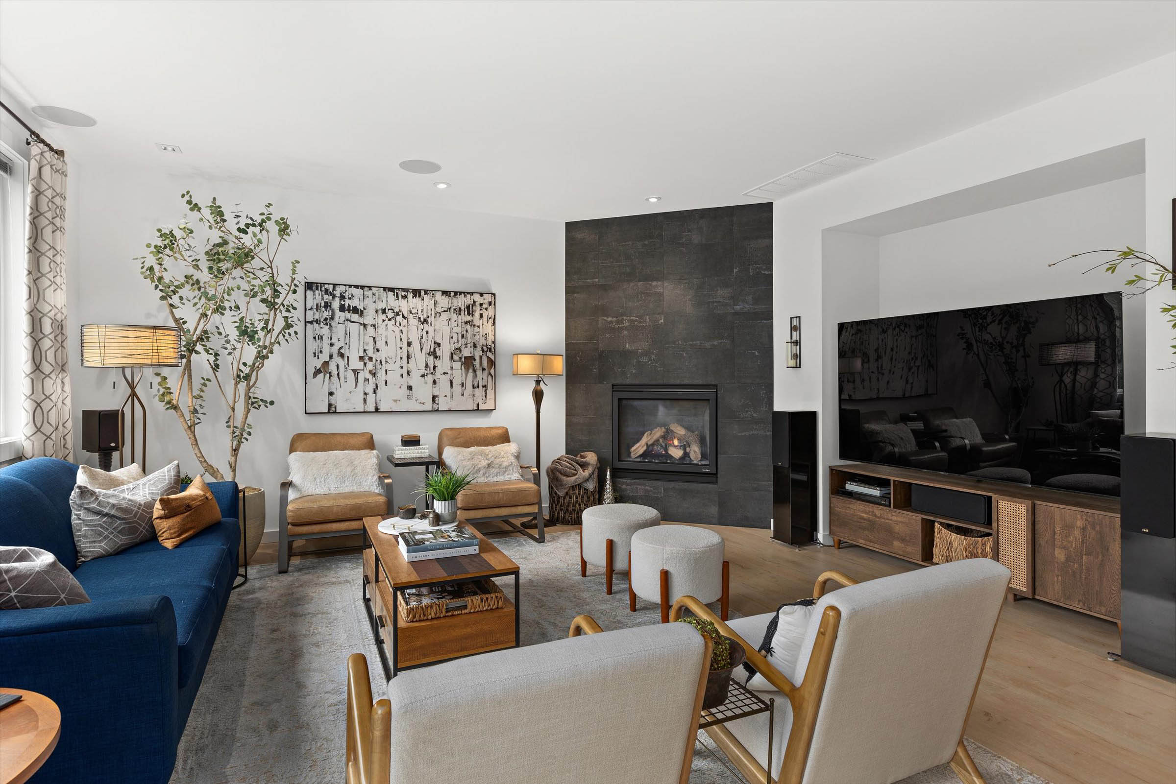 Inviting living room with sleek black fireplace